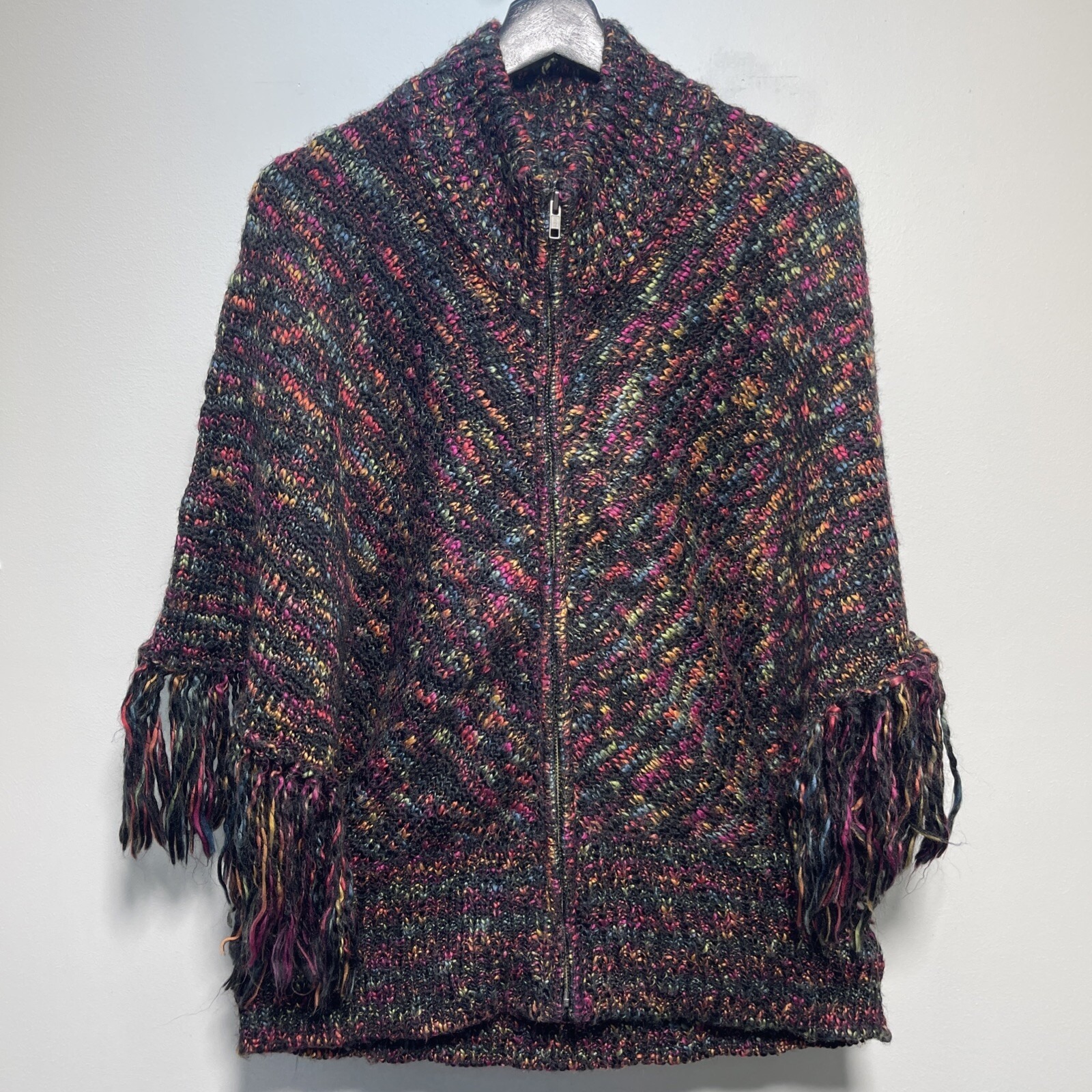 Chicos Size 2 Multicolored Knit Poncho Style Sweater With Tassels